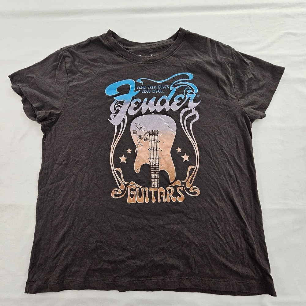 Fender Guitars Punk Folk Blues Rock Black Short Sleeve Cotton T-Shirt Women's L